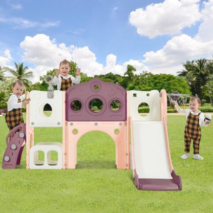 Swing Sets |  7 in 1 Toddler Slide Set, Freestanding Spaceship Set with Slide, Kids Slide Playset Structure, Arch Tunnel and Basketball Hoop Sports & Fitness Swing Sets