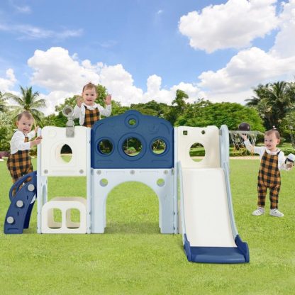 Swing Sets |  7 in 1 Toddler Slide Set, Freestanding Spaceship Set with Slide, Kids Slide Playset Structure, Arch Tunnel and Basketball Hoop Sports & Fitness Swing Sets