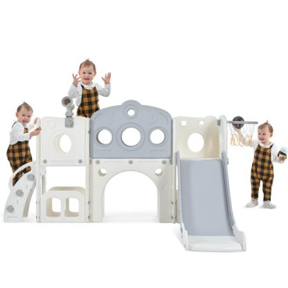 Swing Sets |  7 in 1 Toddler Slide Set,Freestanding Spaceship Set with Slide,Playset Structure,Arch Tunnel,Basketball Hoop,Climbers Playground Sports & Fitness Swing Sets