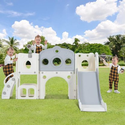 Swing Sets |  7 in 1 Toddler Slide Set,Freestanding Spaceship Set with Slide,Playset Structure,Arch Tunnel,Basketball Hoop,Climbers Playground Sports & Fitness Swing Sets