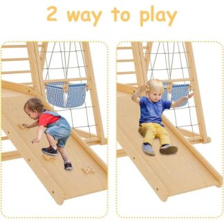 Swing Sets |  8-in-1 Indoor Playground – Jungle Gym Montessori Playset, Wooden Climber with Slide Sports & Fitness Natural