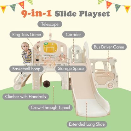 Swing Sets |  9 in 1 Toddler Slide Playset, Toddler Playground with Slide, Arch Tunnel, Ring Toss, Realistic Bus Model and Basketball Hoop Sports & Fitness Swing Sets