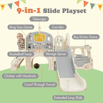 Swing Sets |  9 in 1 Toddler Slide Playset, Toddler Playground with Slide, Arch Tunnel, Ring Toss, Realistic Bus Model and Basketball Hoop Sports & Fitness Swing Sets