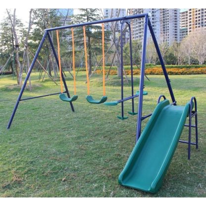 Swing Sets |  A-Frame Metal Swing Set w/ Slide (Blue, Green, Orange) Sports & Fitness Swing Sets