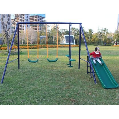 Swing Sets |  A-Frame Metal Swing Set w/ Slide (Blue, Green, Orange) Sports & Fitness Swing Sets