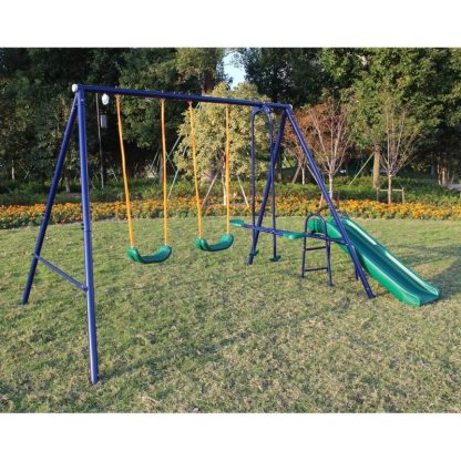 Swing Sets |  A-Frame Metal Swing Set w/ Slide (Blue, Green, Orange) Sports & Fitness Swing Sets