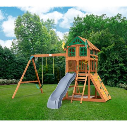 Swing Sets |  Avalon Outdoor Wooden Swing Set with Wood Roof & Gray Slide Sports & Fitness Swing Sets