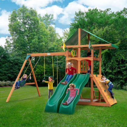 Swing Sets |  Avalon Wood Swing Set with Dual Slides – Amber Sports & Fitness Swing Sets