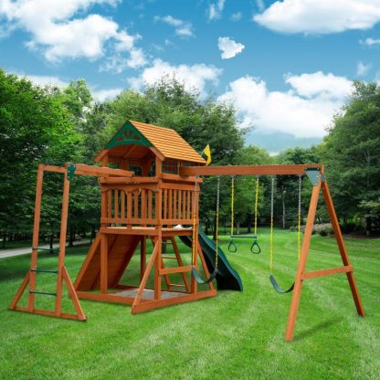 Swing Sets |  Avalon Wooden Swing Set with Wood Roof and Monkey Bars – Amber Sports & Fitness Swing Sets