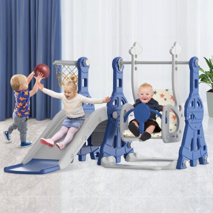 Swing Sets |  Blue 4 in 1 Toddler Slide and Swing Set Kid Slide, Indoor Outdoor Slide Toddler Playset Toddler Playground Sports & Fitness Blue