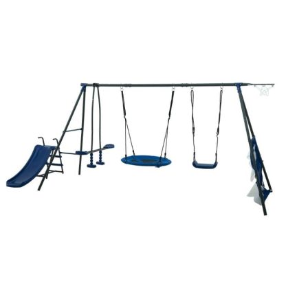 Swing Sets |  Grey And Blue Interesting Six Function Swingset With Net Swing Metal Plastic Safe Swing Set 440lbs Sports & Fitness Swing Sets