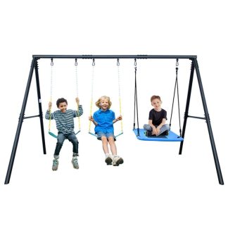 Swing Sets |  Heavy-Duty Metal A-Frame Swing Set with 3 Swings Sports & Fitness Black