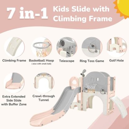 Swing Sets |  Kids Slide Playset Structure 7 in 1, Freestanding Spaceship Set with Slide, Arch Tunnel, Ring Toss and Basketball Hoop Sports & Fitness Swing Sets