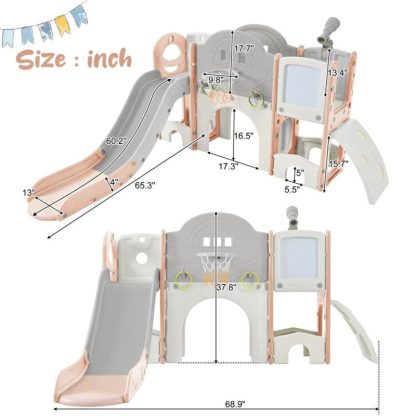 Swing Sets |  Kids Slide Playset Structure 9 in 1,Freestanding Spaceship Set w/Slide Sports & Fitness Pink+Grey