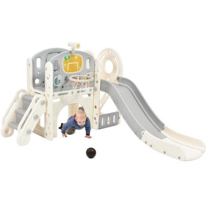 Swing Sets |  Kids Slide Playset Structure, Castle Climbing Crawling Playhouse w/ Slide, Arch Tunnel, Ring Toss & Basketball Hoop for Toddlers Sports & Fitness Swing Sets