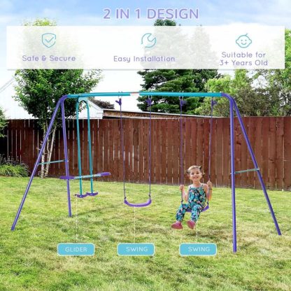 Swing Sets |  Metal Swing Set with Glider, Outdoor Heavy Duty A-Frame Suitable for Playground, Backyard, Purple Sports & Fitness Swing Sets