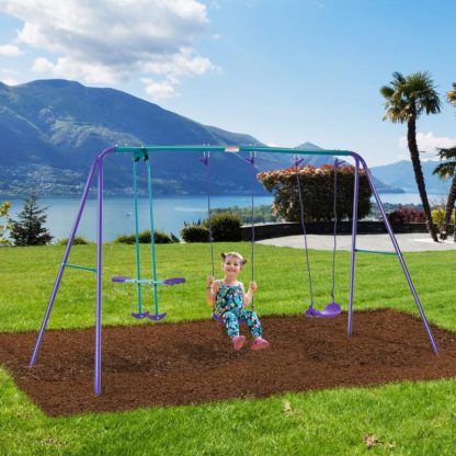 Swing Sets |  Metal Swing Set with Glider, Outdoor Heavy Duty A-Frame Suitable for Playground, Backyard, Purple Sports & Fitness Swing Sets