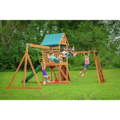 Swing Sets |  Mountain View Swing Set with Tarp Roof, Climbing Wall, Monkey Bars Sports & Fitness Swing Sets