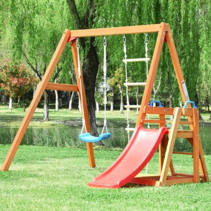 Swing Sets |  Natural Outdoor Wooden Toddlers Swing Set with Slide Sports & Fitness Swing Sets