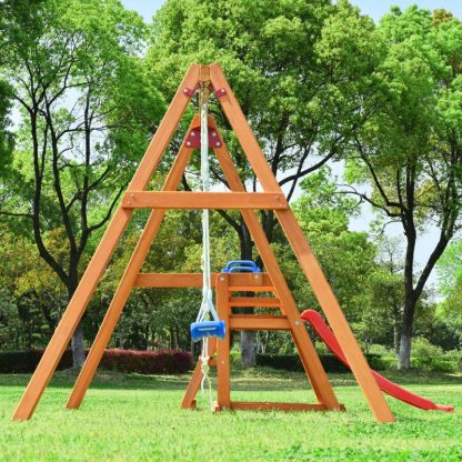 Swing Sets |  Natural Outdoor Wooden Toddlers Swing Set with Slide Sports & Fitness Swing Sets