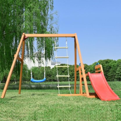 Swing Sets |  Natural Outdoor Wooden Toddlers Swing Set with Slide Sports & Fitness Swing Sets