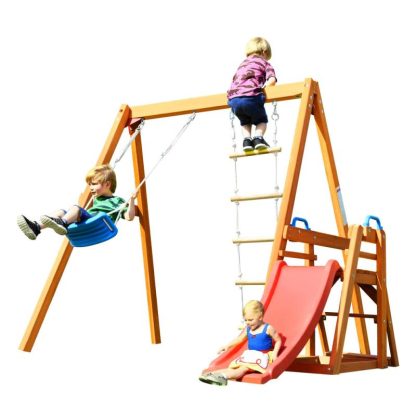 Swing Sets |  Natural Outdoor Wooden Toddlers Swing Set with Slide Sports & Fitness Swing Sets