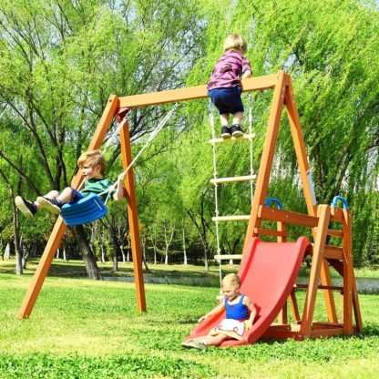 Swing Sets |  Outdoor Backyard Playground Climb Swing Set with Slide for Kids Sports & Fitness Grey+White