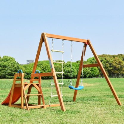 Swing Sets |  Outdoor Backyard Playground Climb Swing Set with Slide for Kids Sports & Fitness Grey+White