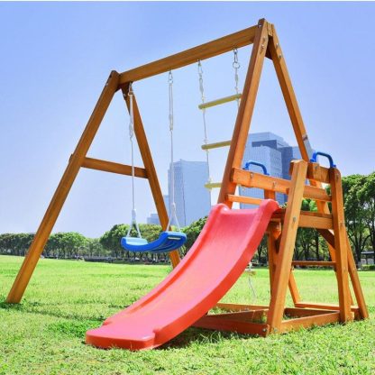 Swing Sets |  Outdoor Backyard Playground Climb Swing Set with Slide for Kids Sports & Fitness Grey+White