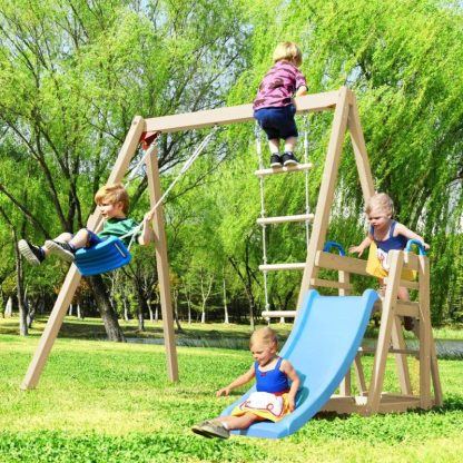 Swing Sets |  Outdoor Natural Wooden Swing Set with Slide Sports & Fitness Swing Sets