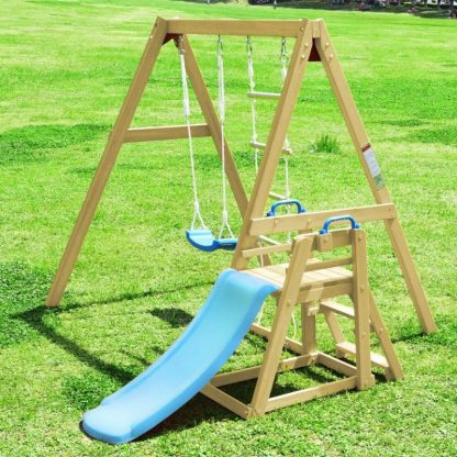 Swing Sets |  Outdoor Natural Wooden Swing Set with Slide Sports & Fitness Swing Sets