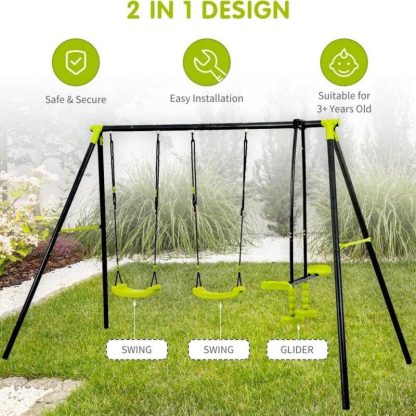 Swing Sets |  Outdoor Playground Three Seat Children Metal Swing Set for Age 3 Up Sports & Fitness Swing Sets