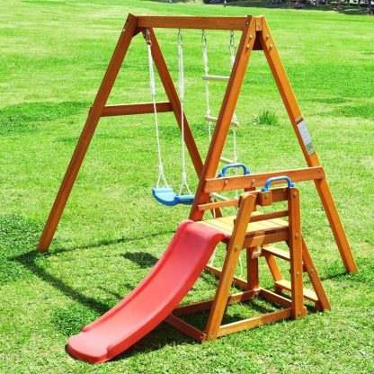 Swing Sets |  Outdoor Playset Wooden Swing Set with Slide Sports & Fitness Kids