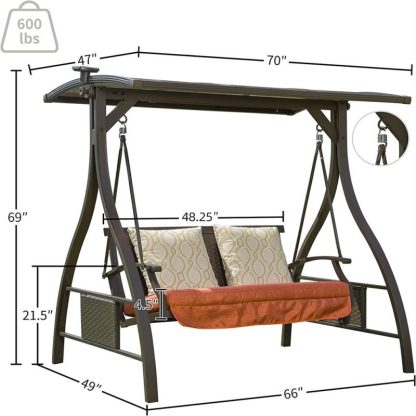 Swing Sets |  Patio Porch Swing 2 Person with Light and 2 Sunbrella Cushions Sports & Fitness Swing Sets