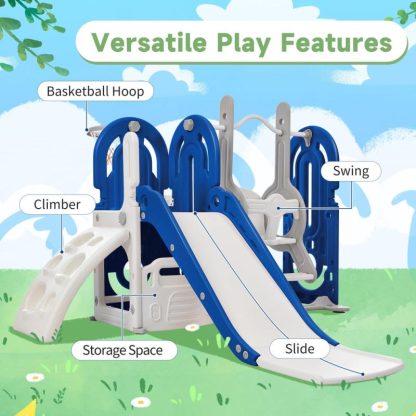 Swing Sets |  Slide and Swing Set 5 in 1 with Basketball Hoop,Freestanding Combination,Playground Climber Slide Playset Sports & Fitness Swing Sets