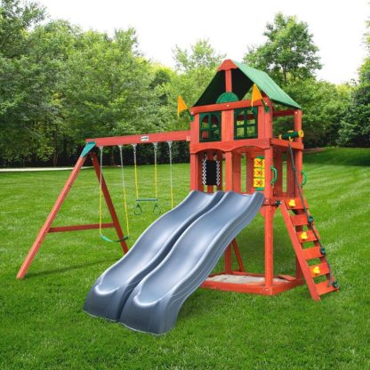 Swing Sets |  Sweetwater Deluxe Wood Swing Set with Gray Slides Sports & Fitness Swing Sets