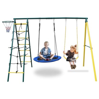 Swing Sets |  Swing Set for Kids Outdoor Backyard Playground Swing Set with Ladder and Basketball Hoop Sports & Fitness Swing Sets