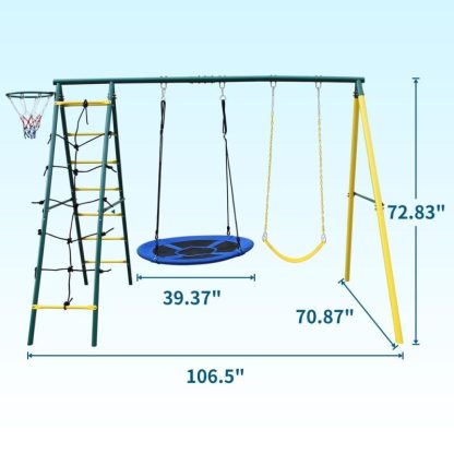 Swing Sets |  Swing Set for Kids Outdoor Backyard Playground Swing Set with Ladder and Basketball Hoop Sports & Fitness Swing Sets