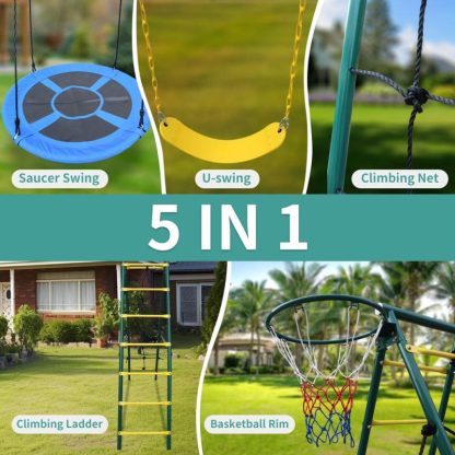 Swing Sets |  Swing Set for Kids Outdoor Backyard Playground Swing Set with Ladder and Basketball Hoop Sports & Fitness Swing Sets