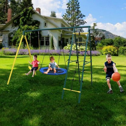 Swing Sets |  Swing Set for Kids Outdoor Backyard Playground Swing Set with Ladder and Basketball Hoop Sports & Fitness Swing Sets