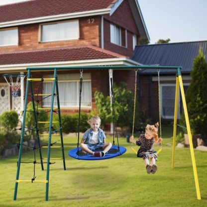 Swing Sets |  Swing Set for Kids Outdoor Backyard Playground Swing Set with Ladder and Basketball Hoop Sports & Fitness Swing Sets