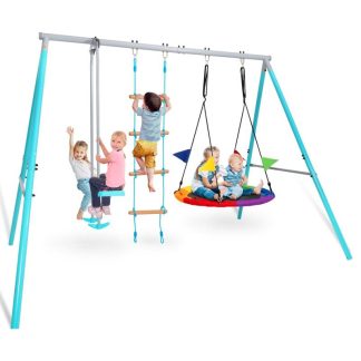 Swing Sets |  Swing Sets for Backyard, 3-in-1 Kids Metal Swing Stand with 40″ Saucer Swing, Glider Swing, Rope Ladder Sports & Fitness Swing Sets