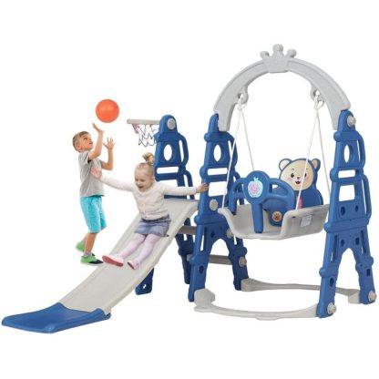 Swing Sets |  Toddler Slide and Swing Set – 4 in 1 Kids Play Climber Slide Playset Indoor Outdoor Kids Activity Center Sports & Fitness Blue