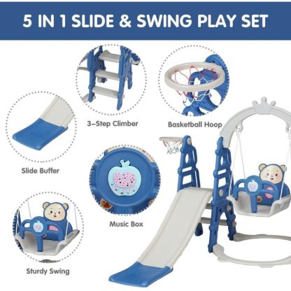 Swing Sets |  Toddler Slide and Swing Set – 4 in 1 Kids Play Climber Slide Playset Indoor Outdoor Kids Activity Center Sports & Fitness Blue