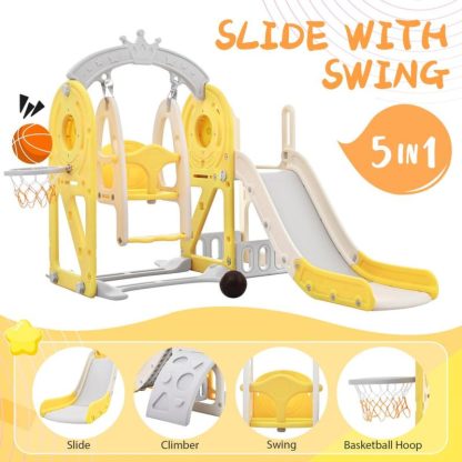 Swing Sets |  Toddler Slide and Swing Set 5 in 1, Kids Playground Climber Slide Playset with Basketball Hoop Freestanding Combination Sports & Fitness Swing Sets