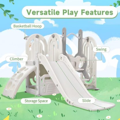 Swing Sets |  Toddler Slide and Swing Set 5 in 1, Kids Playground Climber Slide Playset with Basketball Hoop Freestanding Combination Sports & Fitness Swing Sets