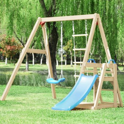 Swing Sets |  Toddlers Wooden Swing Set with Slide, Outdoor Climb Swing Playset Sports & Fitness Swing Sets