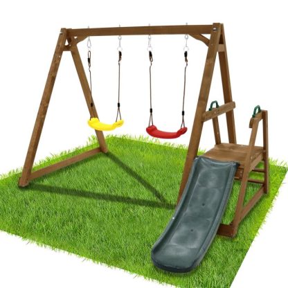 Swing Sets |  Wood Swing Set for Backyard, 2 in 1 Outdoor Swing Set with Slide, Climbing Rope Ladder Kids Backyard Playset Sports & Fitness Swing Sets