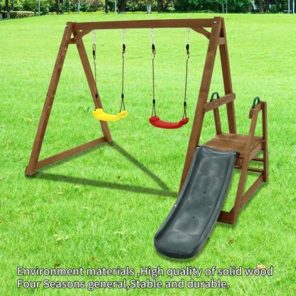 Swing Sets |  Wood Swing Set for Backyard, 2 in 1 Outdoor Swing Set with Slide, Climbing Rope Ladder Kids Backyard Playset Sports & Fitness Swing Sets