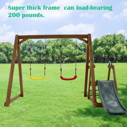 Swing Sets |  Wood Swing Set for Backyard, 2 in 1 Outdoor Swing Set with Slide, Climbing Rope Ladder Kids Backyard Playset Sports & Fitness Swing Sets